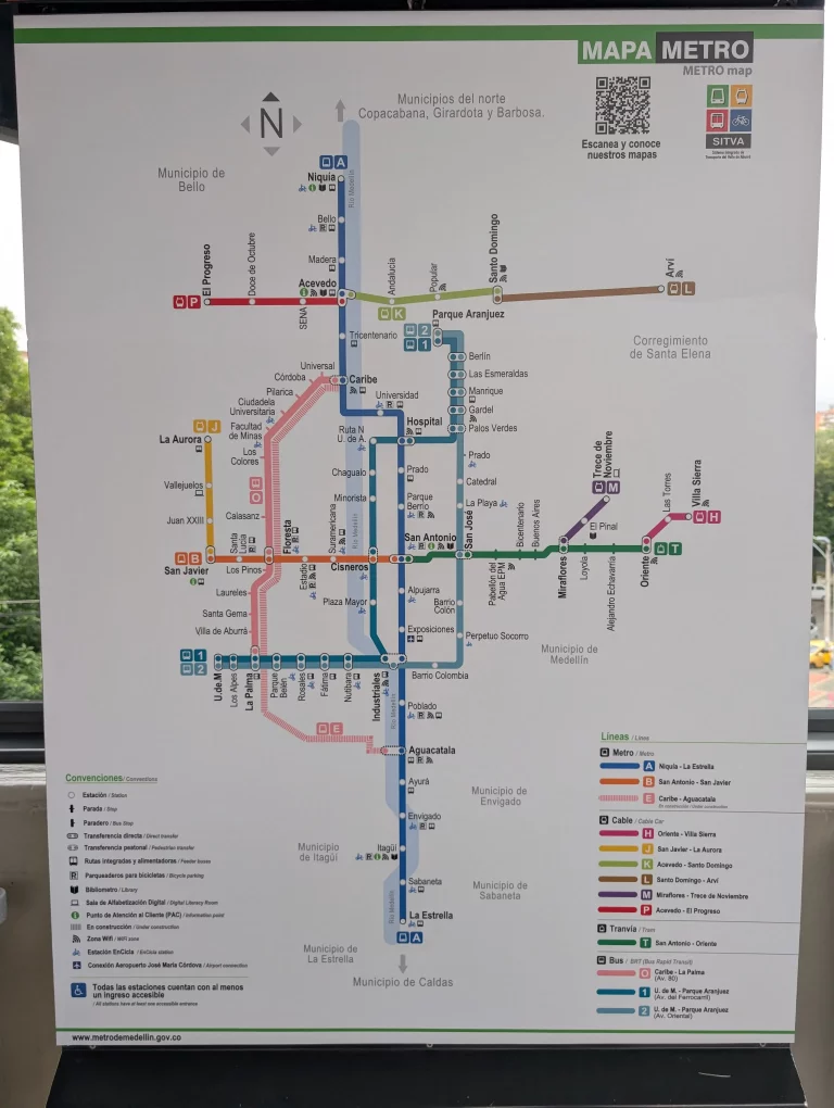 Karte des Streckennetzes der Metro und Metro Cable in Medellin, Kolumbien